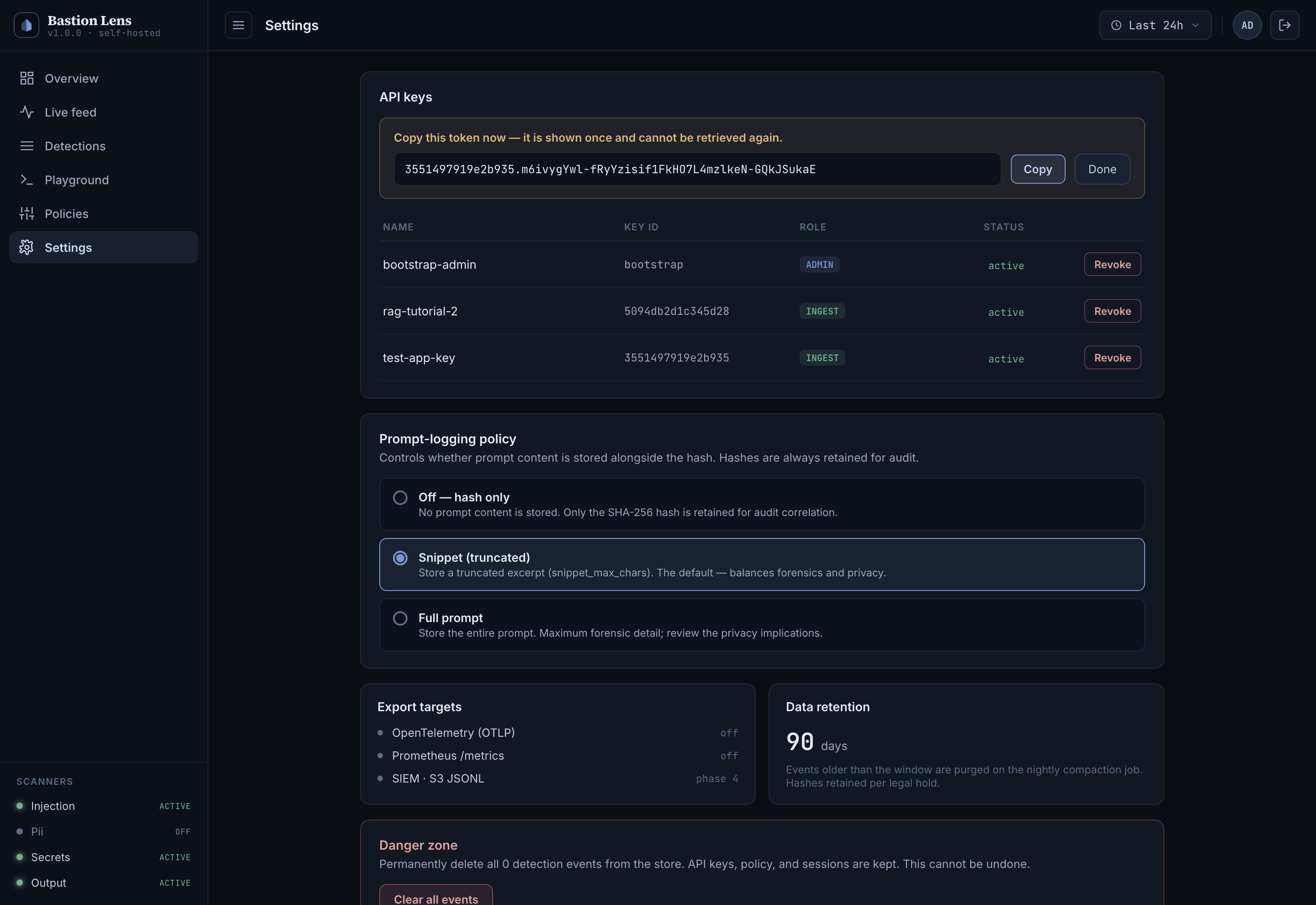 Creating an ingest API key in Bastion Lens — the one-time token reveal