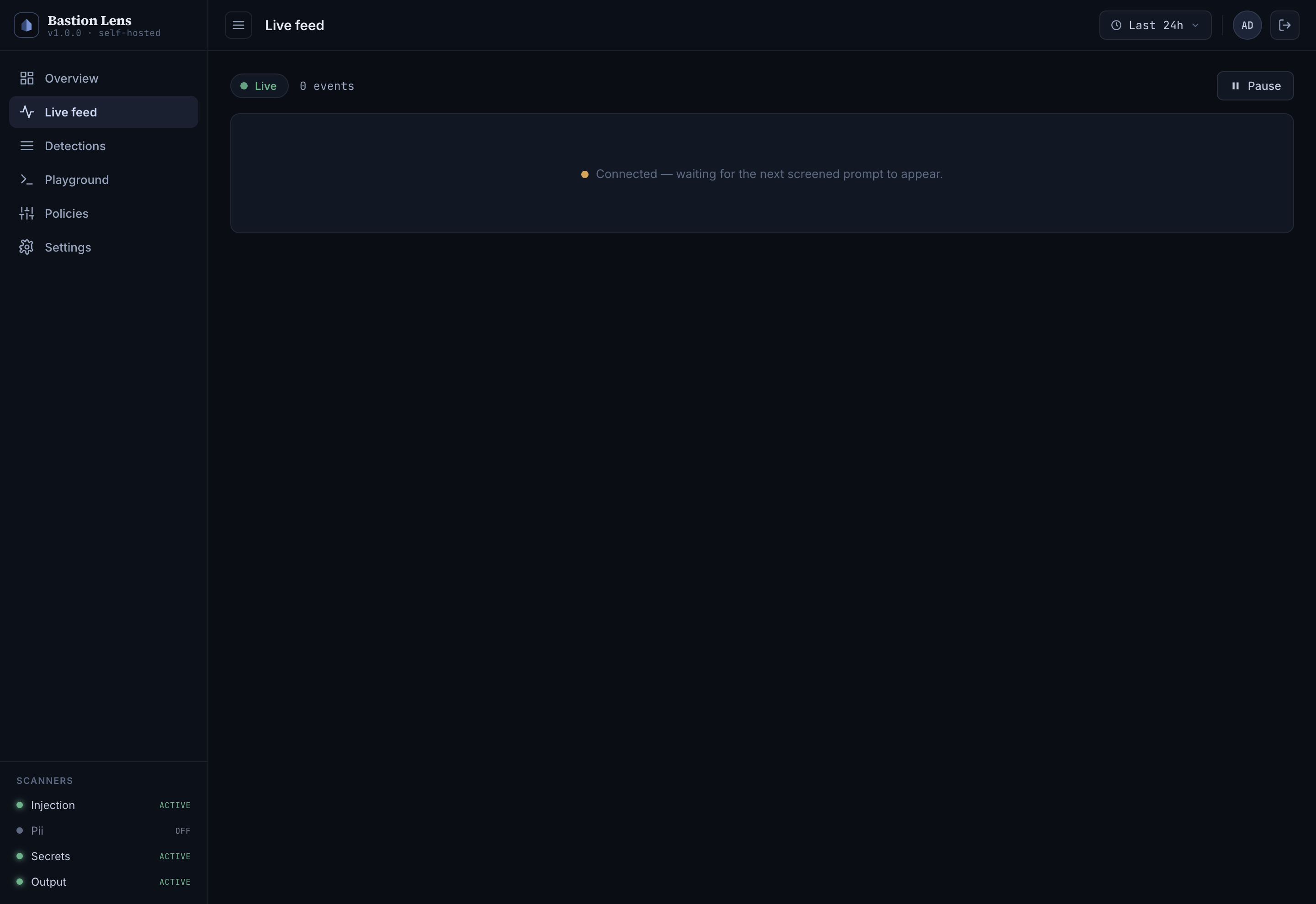 Bastion Lens — the Live feed empty state on a fresh install, waiting for the first detection