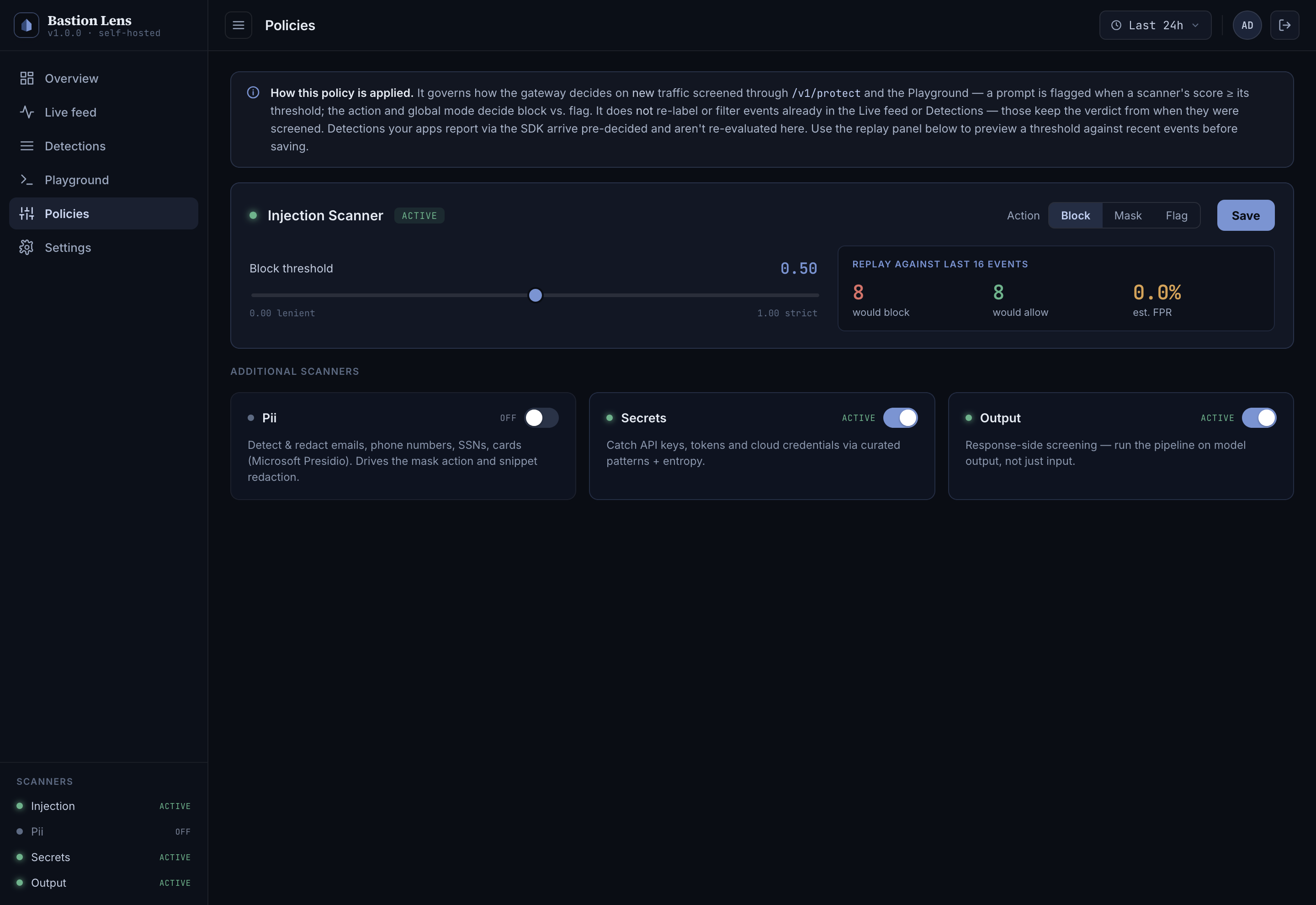 Policies — injection threshold and scanner enable/disable toggles