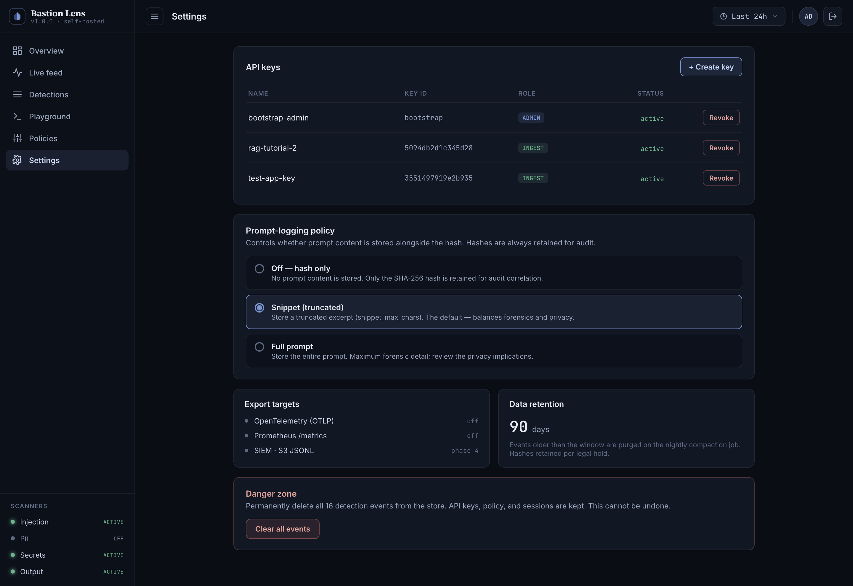 Prompt-logging policy — store no content, a truncated snippet, or the full prompt